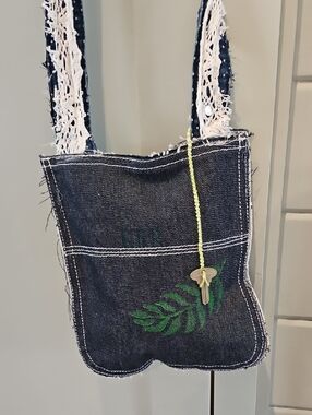 Hand Crafted Dark Denim Crossbody Bag with Green Leaf And Key Accent